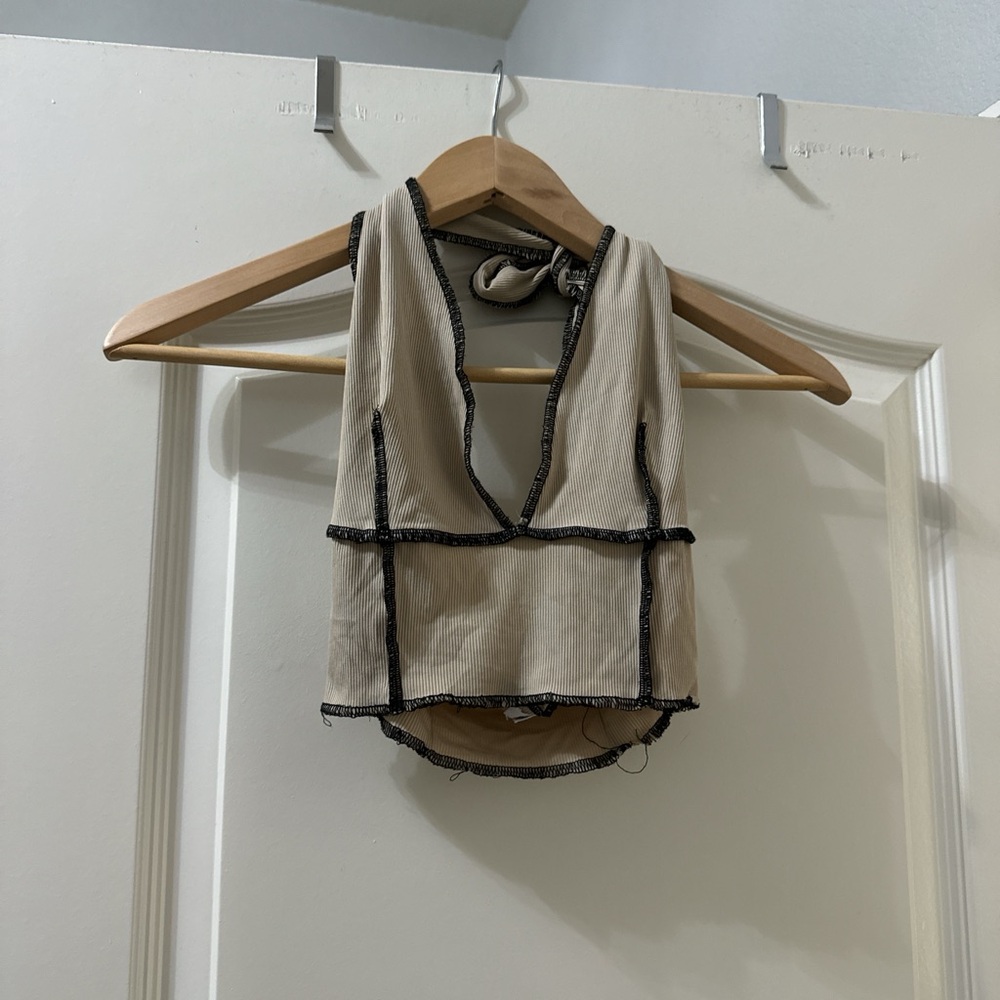 Tan Halter Crop Top with Black Trim